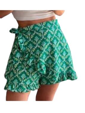ZARA GREEN  PAISLEY PRINT WRAP SKORT TIR EDETAILING & RUFFLED TRIM REAR ZIP SZ M